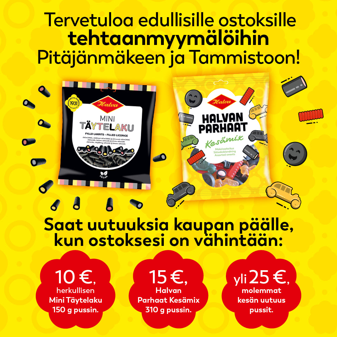 Halvan tehtaanmyymälöissä edullisia makeisia & kesäkampanjoita