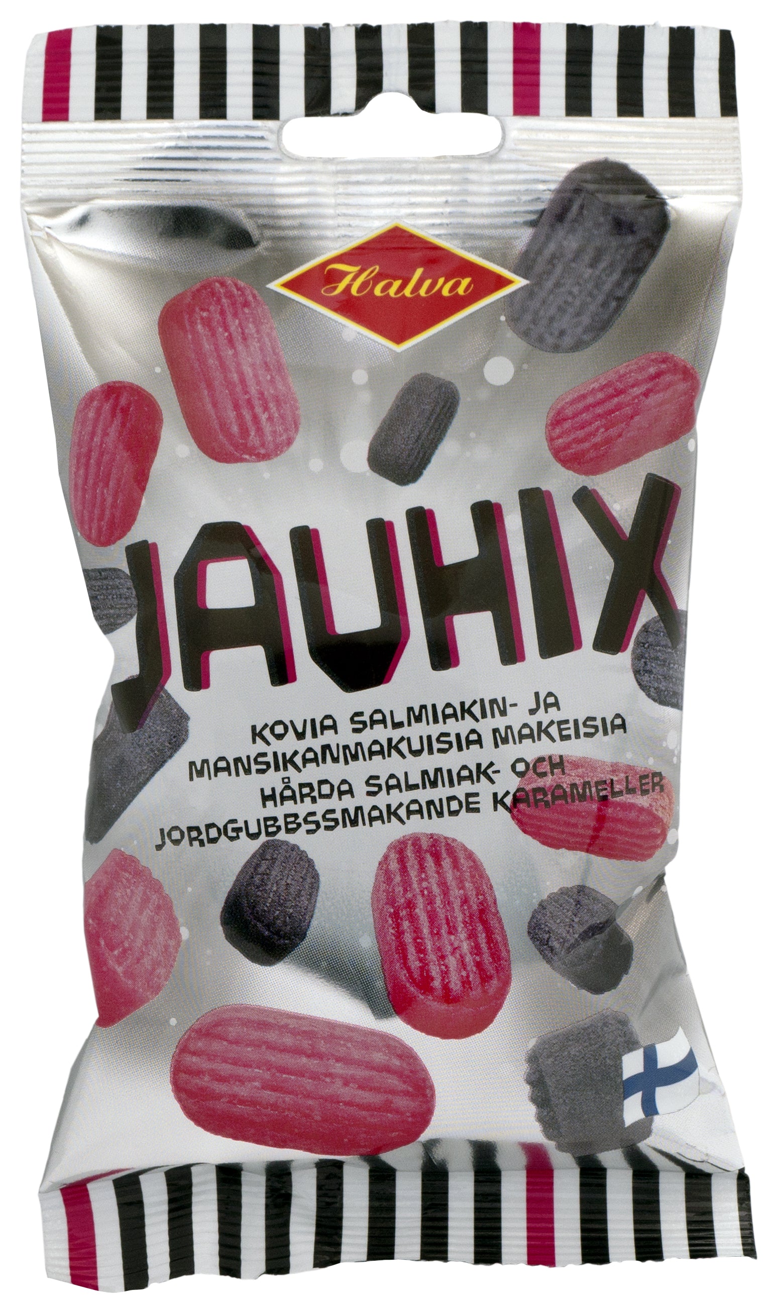 Halva Jauhix 100 g kovia salmiakin- ja mansikanmakuisia makeisia