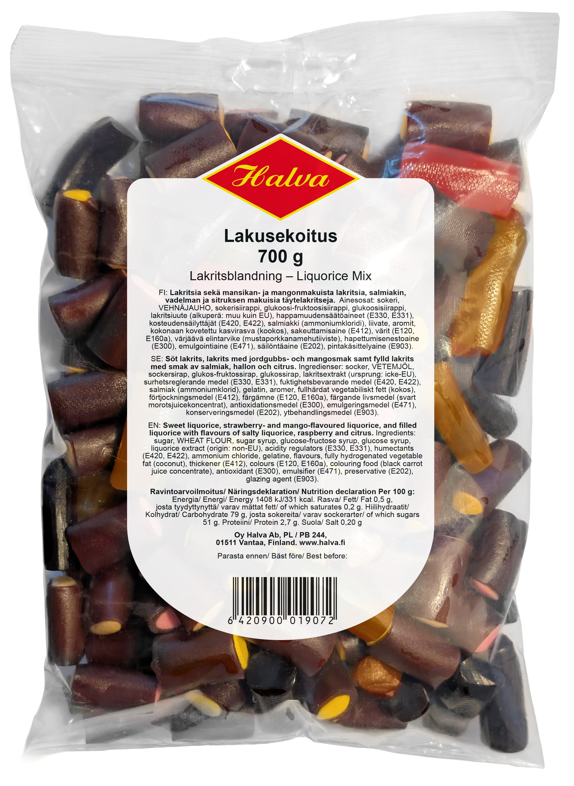 Halva Liquorice mix 700 g Salty, lemon and raspberry flavoured filled licorice, mango licorice, strawberry licorice and black licorice.