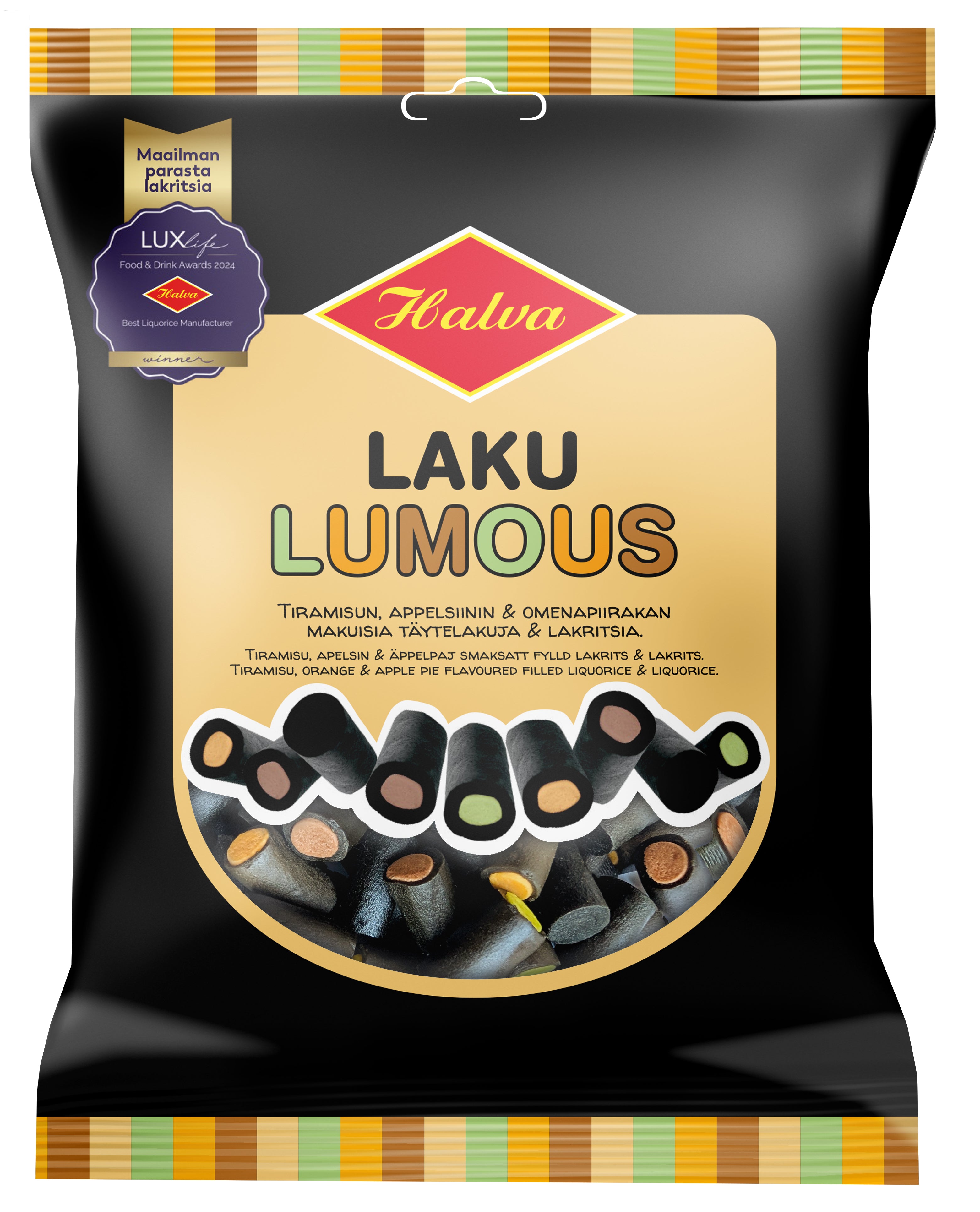 Halva Laku Lumous 180 g Lakritsia, tiramisun, appelsiinin & omenapiirakan makuisia täytelakuja